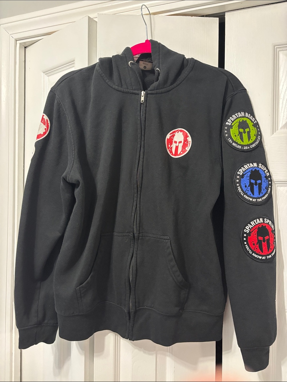 Black Zip-Up Hoodie with Event Patches men’s medium